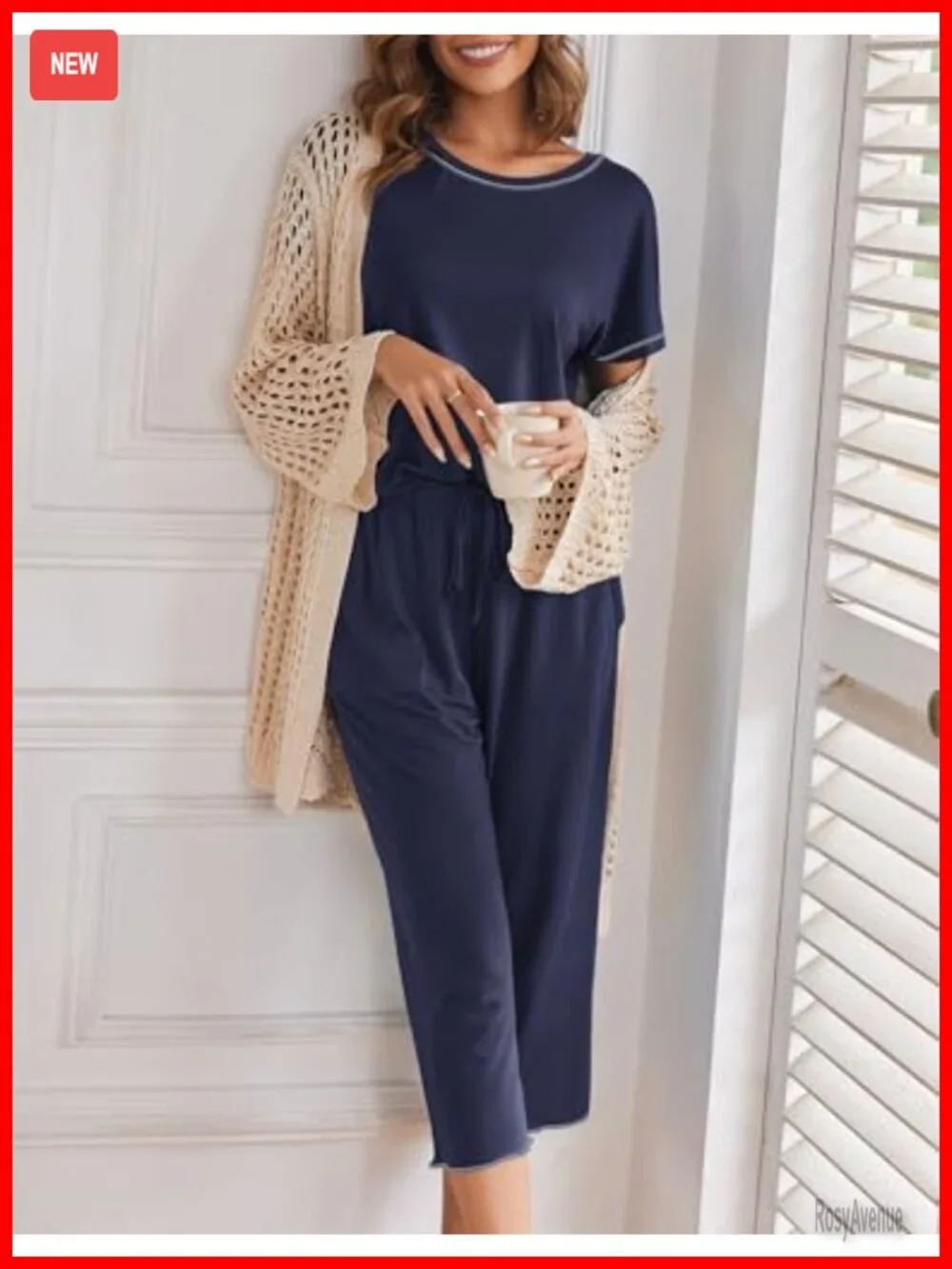 Capri Pajama Set - Short Sleeve Sleepwear with Pockets, Crewneck Lounge Set